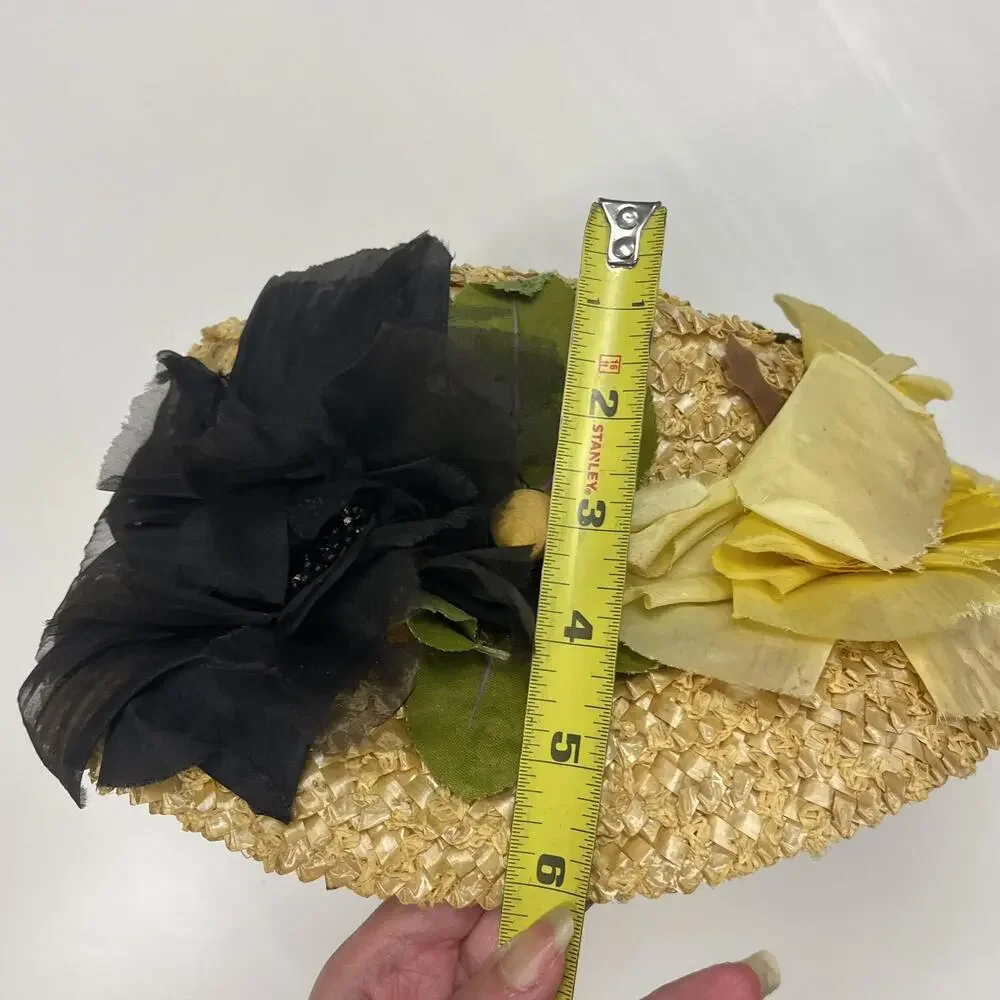 Vintage Mr Rickie Hat Cap Straw Floral Yellow Black Wide Brim Womens Spring 50s